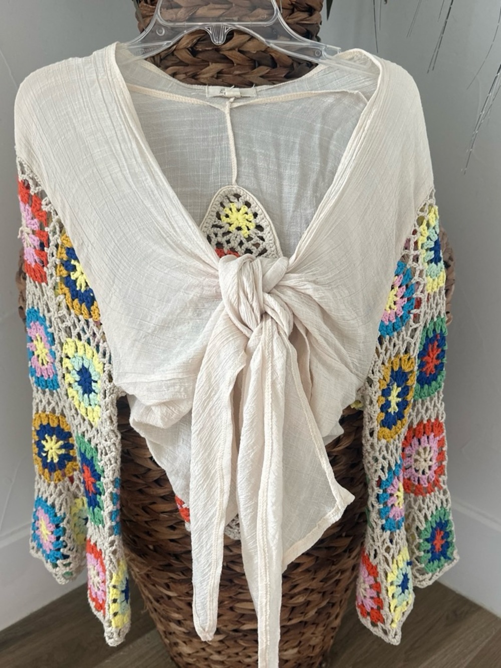 Elan Cream Tie-Front Top with Multicolor Crochet Sleeves